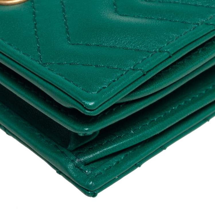 Pre Owned Gucci Green Matelassé Leather GG Marmont Card Case
