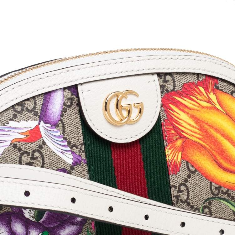 Pre Owned Gucci Beige/Off White GG Supreme Canvas and Leather Floral Print Small Ophidia Crossbody Bag
