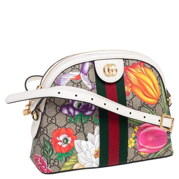 Pre Owned Gucci Beige/Off White GG Supreme Canvas and Leather Floral Print Small Ophidia Crossbody Bag