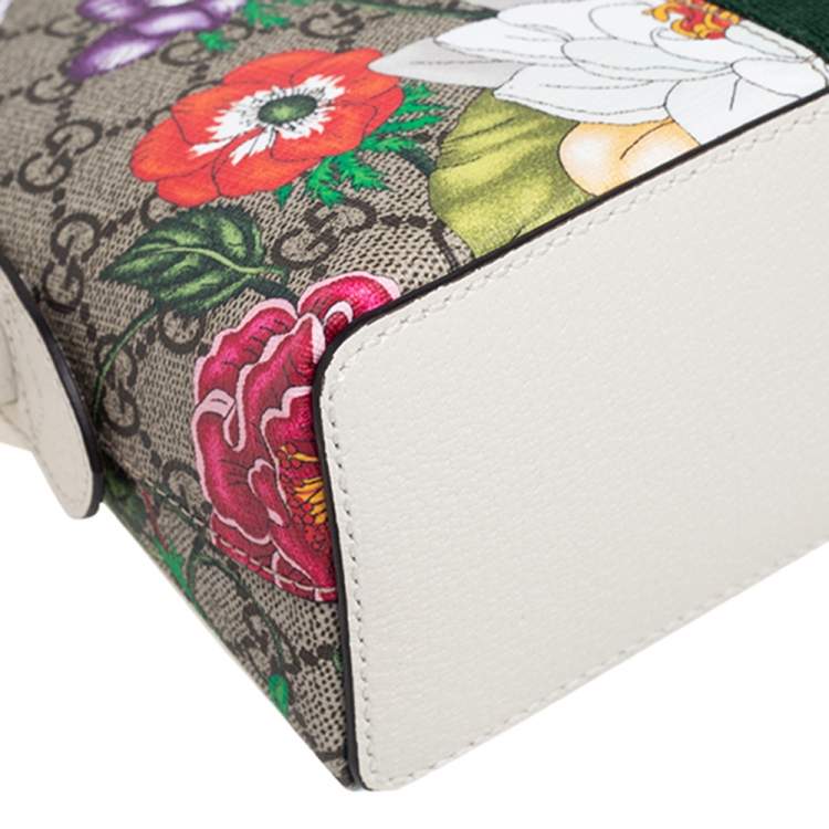 Pre Owned Gucci Beige/Off White GG Supreme Canvas and Leather Floral Print Small Ophidia Crossbody Bag