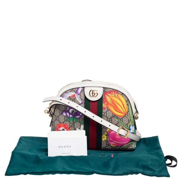 Pre Owned Gucci Beige/Off White GG Supreme Canvas and Leather Floral Print Small Ophidia Crossbody Bag