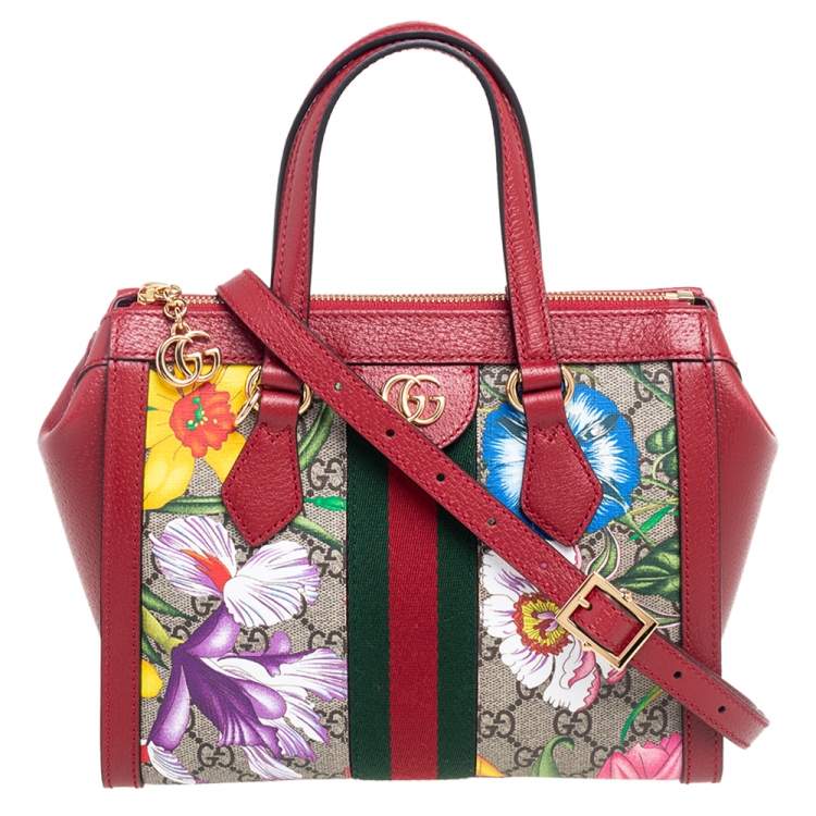 Pre Owned Gucci Multicolor GG Supreme Flora Canvas and Leather Small Ophidia Tote