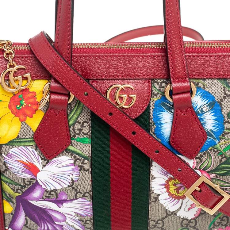 Pre Owned Gucci Multicolor GG Supreme Flora Canvas and Leather Small Ophidia Tote
