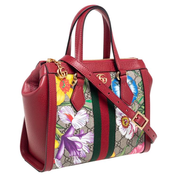 Pre Owned Gucci Multicolor GG Supreme Flora Canvas and Leather Small Ophidia Tote