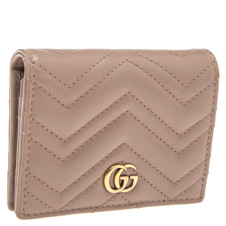 Pre Owned Gucci Dusky Pink Matelassé Leather GG Marmont Card Case