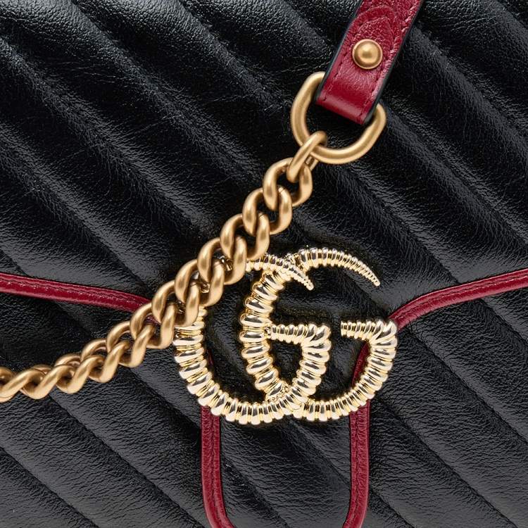 Pre Owned Gucci Black/Burgundy Quilted Leather GG Marmont Top Handle Bag