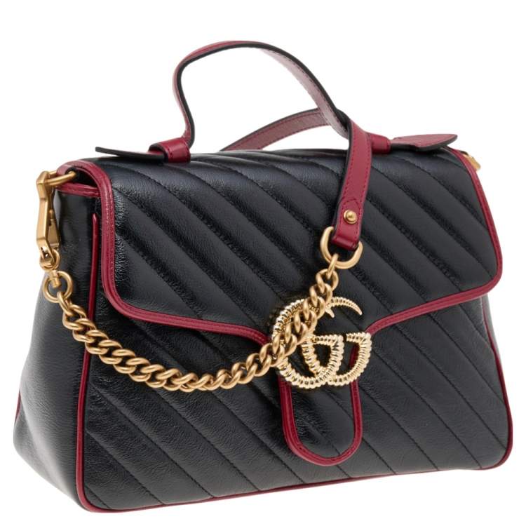 Pre Owned Gucci Black/Burgundy Quilted Leather GG Marmont Top Handle Bag