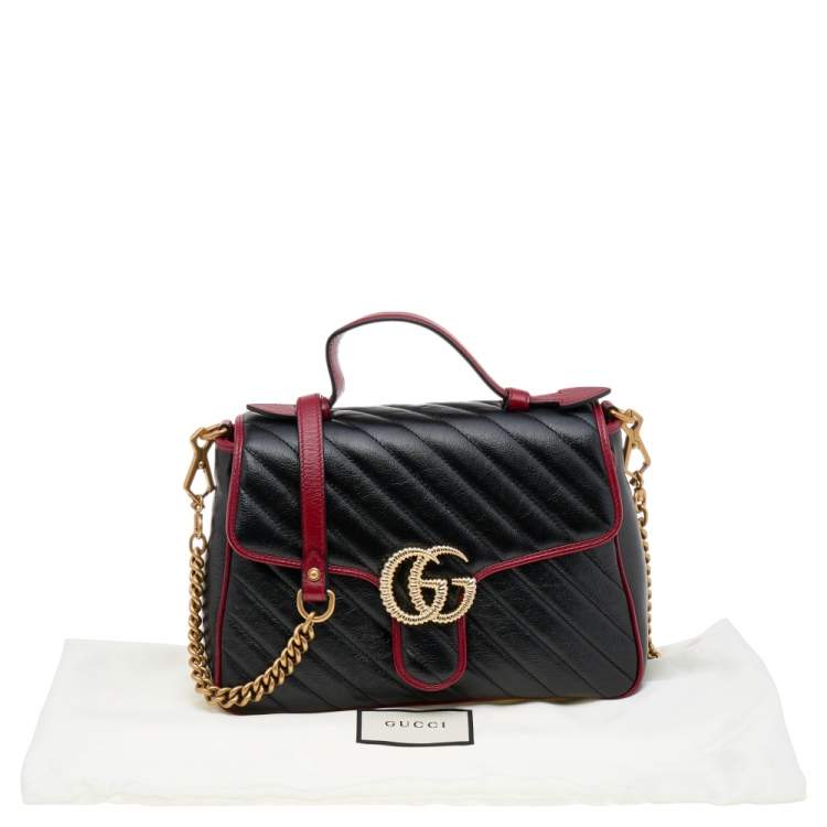 Pre Owned Gucci Black/Burgundy Quilted Leather GG Marmont Top Handle Bag