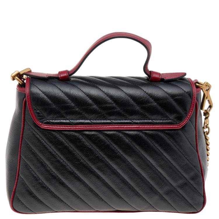 Pre Owned Gucci Black/Burgundy Quilted Leather GG Marmont Top Handle Bag
