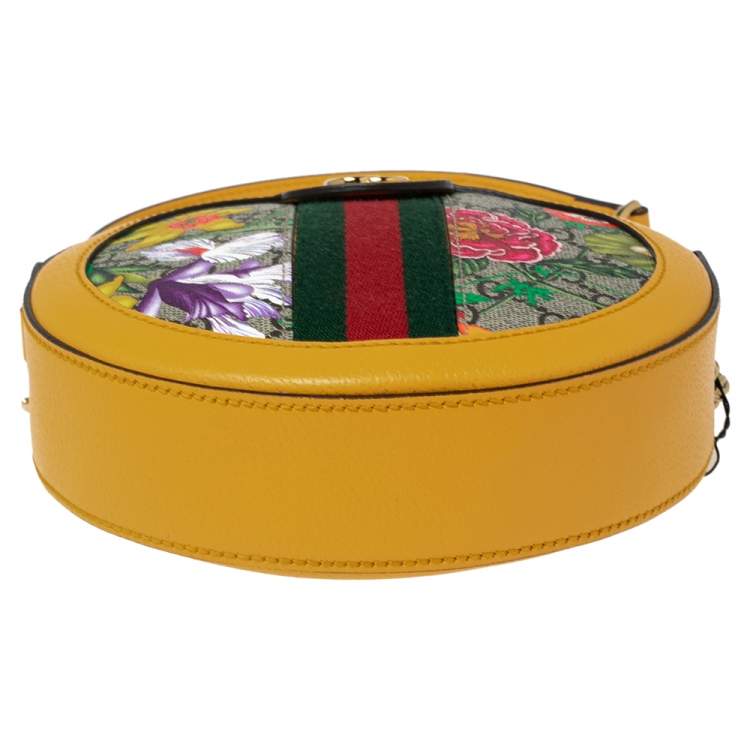 Pre Owned Gucci Mustard GG Supreme Canvas and Leather Mini Ophidia Floral Round Bag