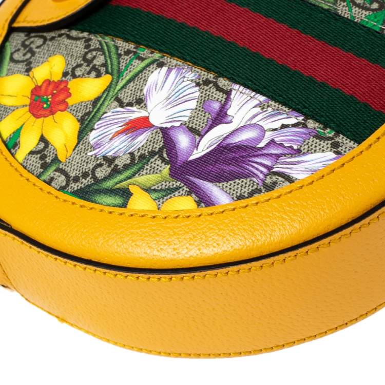 Pre Owned Gucci Mustard GG Supreme Canvas and Leather Mini Ophidia Floral Round Bag