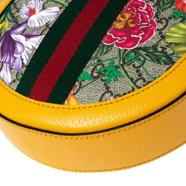 Pre Owned Gucci Mustard GG Supreme Canvas and Leather Mini Ophidia Floral Round Bag