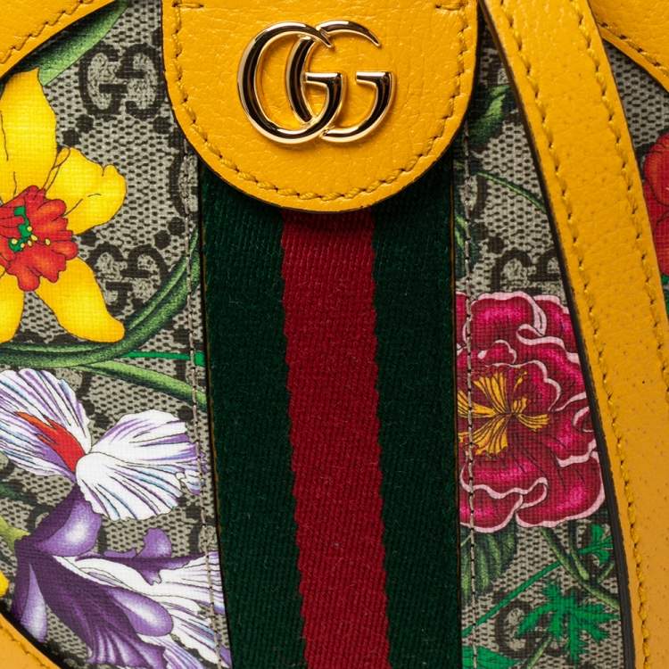 Pre Owned Gucci Mustard GG Supreme Canvas and Leather Mini Ophidia Floral Round Bag