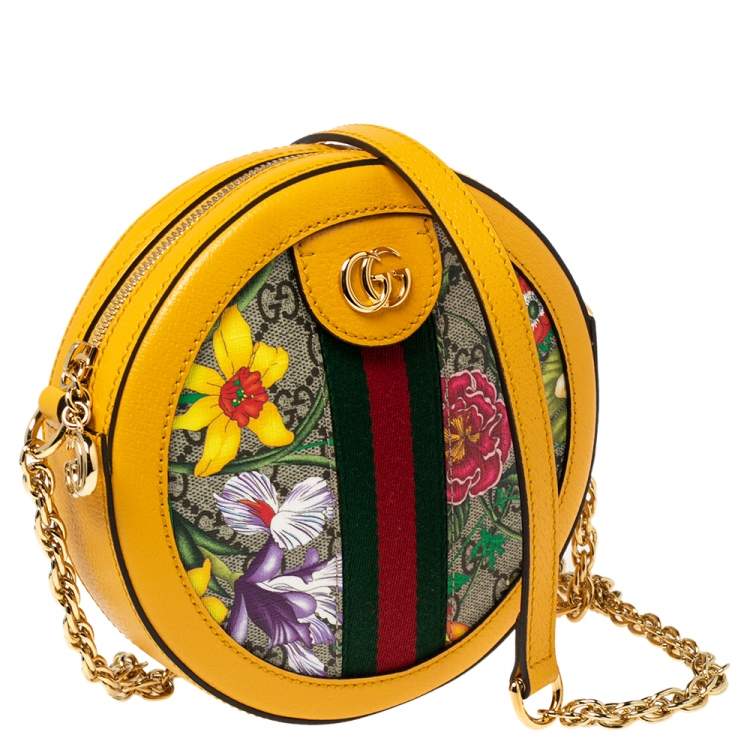 Pre Owned Gucci Mustard GG Supreme Canvas and Leather Mini Ophidia Floral Round Bag