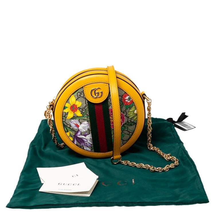 Pre Owned Gucci Mustard GG Supreme Canvas and Leather Mini Ophidia Floral Round Bag
