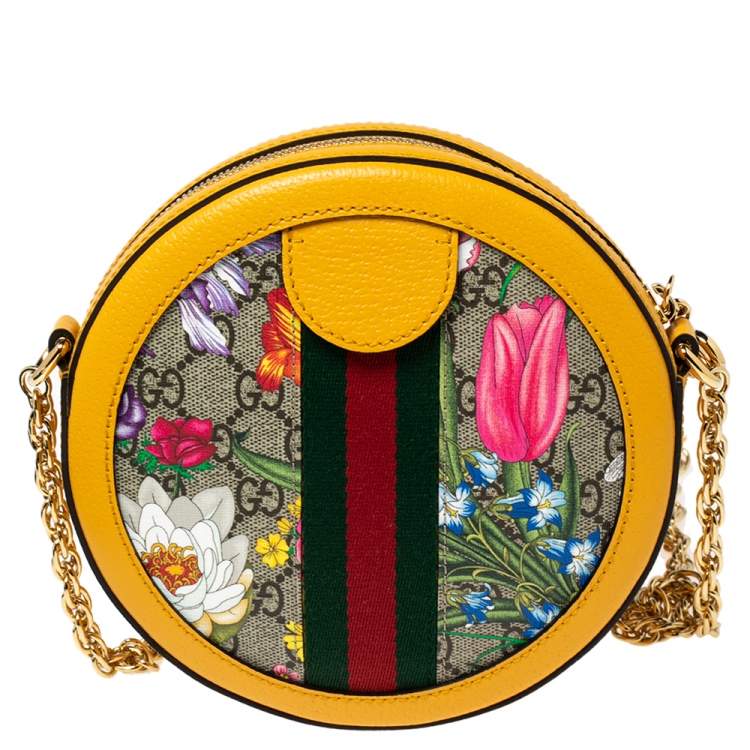 Pre Owned Gucci Mustard GG Supreme Canvas and Leather Mini Ophidia Floral Round Bag
