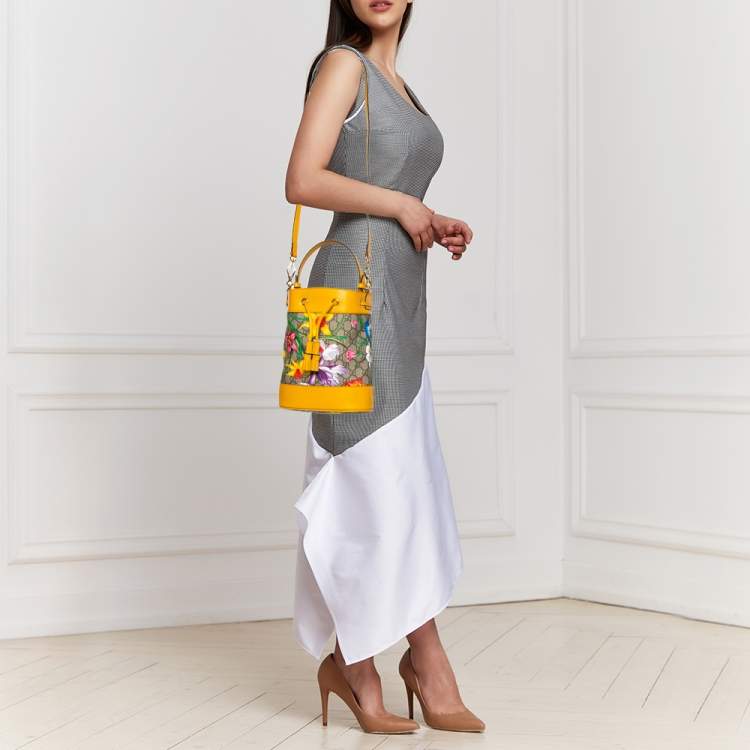 Pre Owned Gucci Mustard GG Supreme Canvas and Leather Small Ophidia Floral Bucket Bag