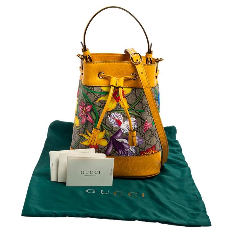Pre Owned Gucci Mustard GG Supreme Canvas and Leather Small Ophidia Floral Bucket Bag