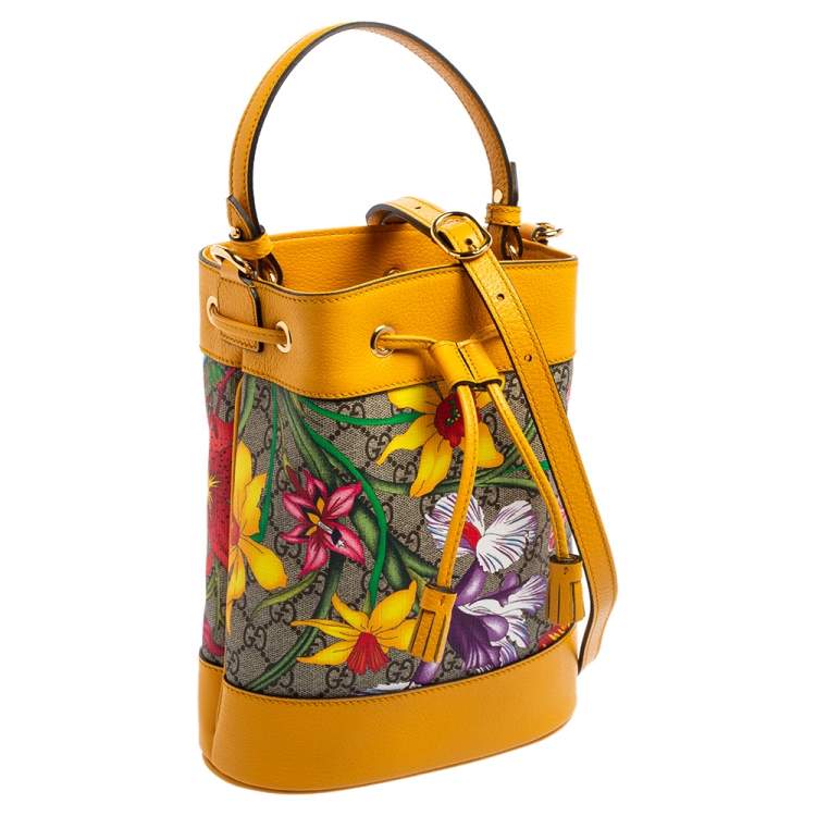 Pre Owned Gucci Mustard GG Supreme Canvas and Leather Small Ophidia Floral Bucket Bag