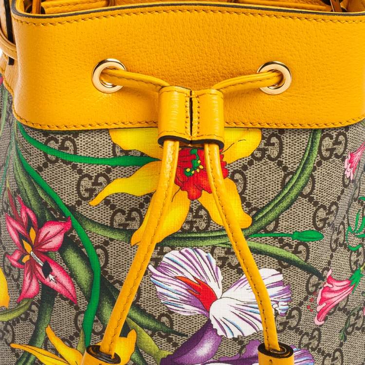 Pre Owned Gucci Mustard GG Supreme Canvas and Leather Small Ophidia Floral Bucket Bag