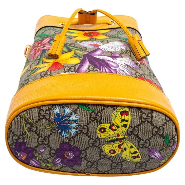 Pre Owned Gucci Mustard GG Supreme Canvas and Leather Small Ophidia Floral Bucket Bag