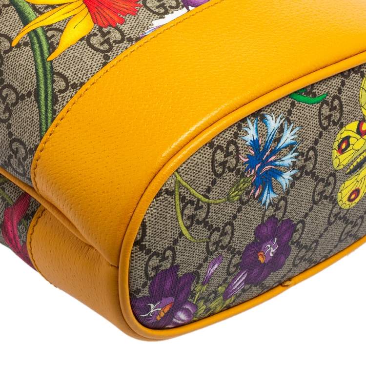 Pre Owned Gucci Mustard GG Supreme Canvas and Leather Small Ophidia Floral Bucket Bag