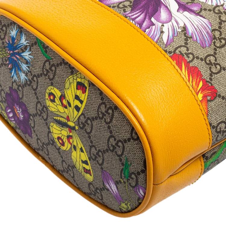 Pre Owned Gucci Mustard GG Supreme Canvas and Leather Small Ophidia Floral Bucket Bag