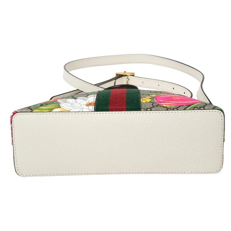 Pre Owned Gucci White GG Supreme Canvas and Leather Small GG Ophidia Floral Shoulder Bag