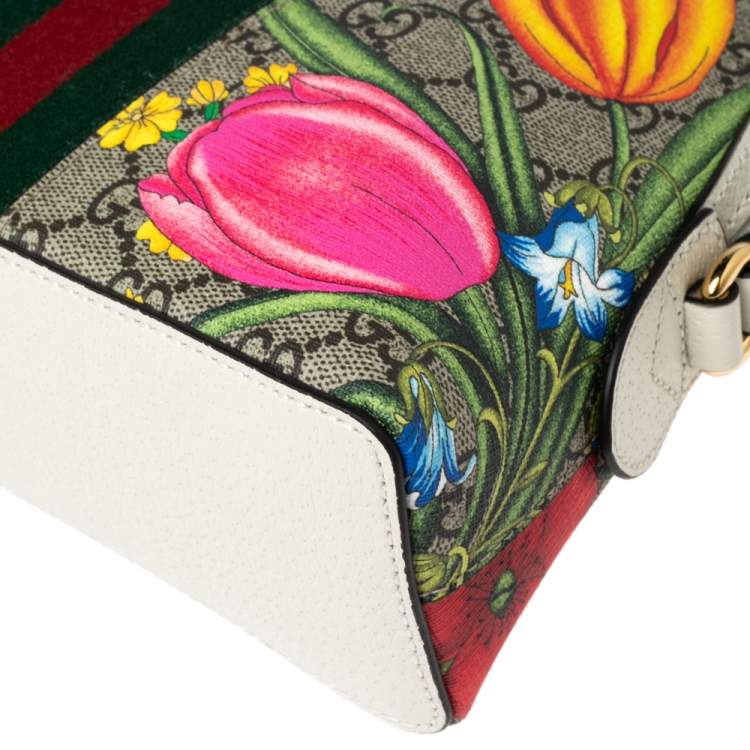 Pre Owned Gucci White GG Supreme Canvas and Leather Small GG Ophidia Floral Shoulder Bag