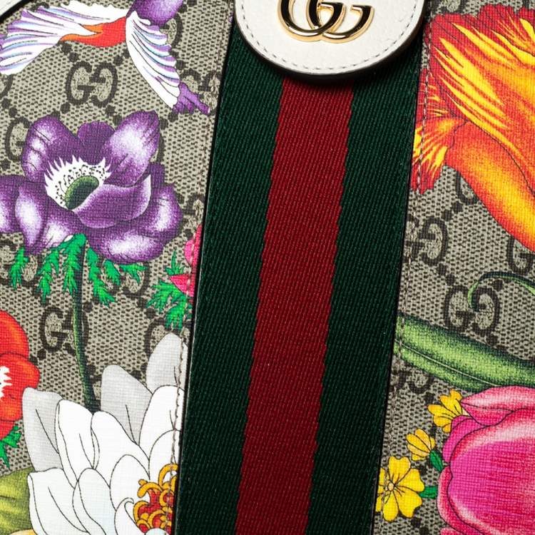 Pre Owned Gucci White GG Supreme Canvas and Leather Small GG Ophidia Floral Shoulder Bag