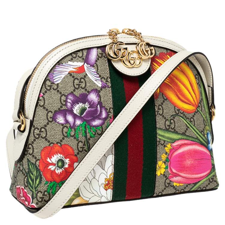 Pre Owned Gucci White GG Supreme Canvas and Leather Small GG Ophidia Floral Shoulder Bag