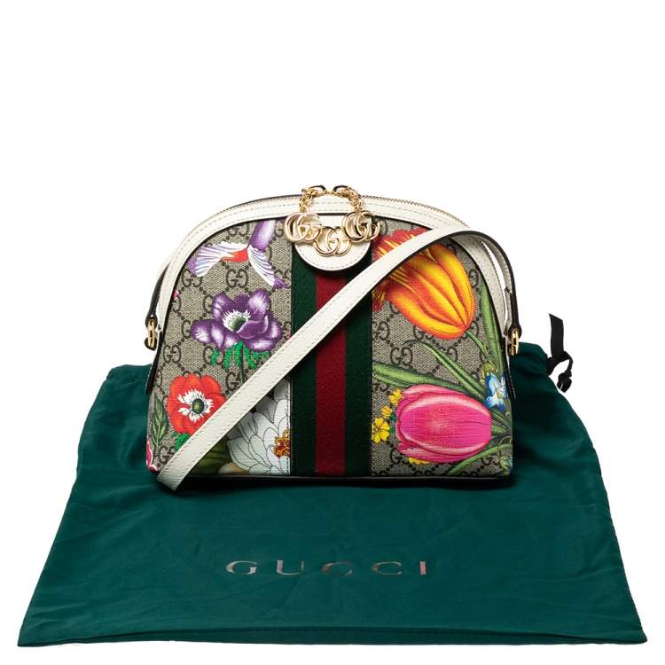 Pre Owned Gucci White GG Supreme Canvas and Leather Small GG Ophidia Floral Shoulder Bag