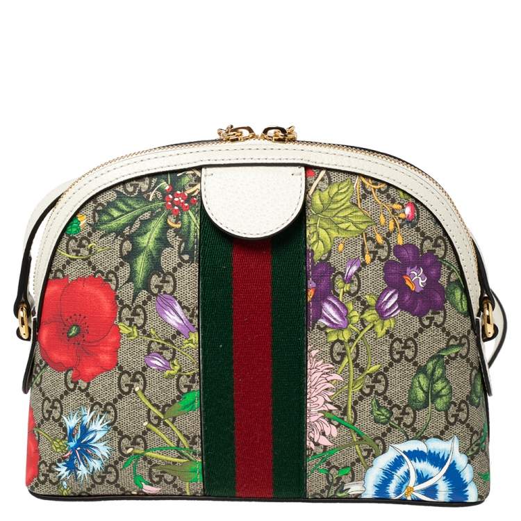 Pre Owned Gucci White GG Supreme Canvas and Leather Small GG Ophidia Floral Shoulder Bag