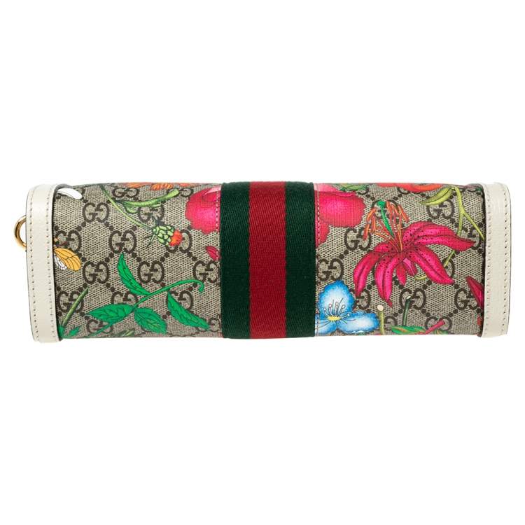 Pre Owned Gucci Off-White GG Supreme Canvas and Leather Small Ophidia Floral Chain Bag