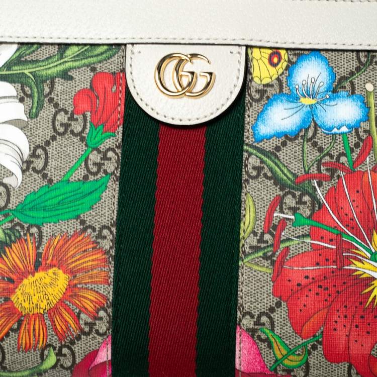 Pre Owned Gucci Off-White GG Supreme Canvas and Leather Small Ophidia Floral Chain Bag