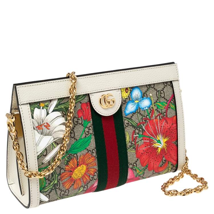 Pre Owned Gucci Off-White GG Supreme Canvas and Leather Small Ophidia Floral Chain Bag
