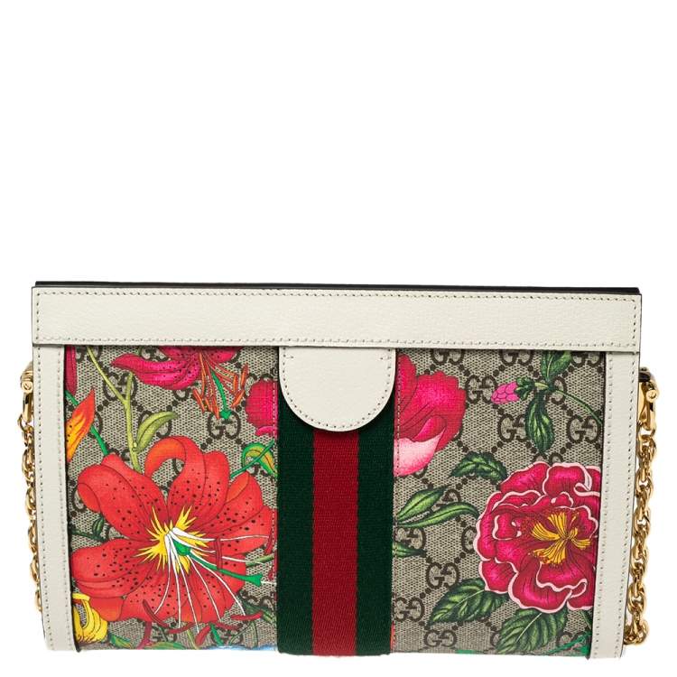 Pre Owned Gucci Off-White GG Supreme Canvas and Leather Small Ophidia Floral Chain Bag