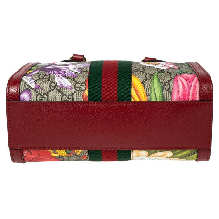 Pre Owned Gucci Red GG Supreme Canvas and Leather Small Ophidia Floral Tote Bag 