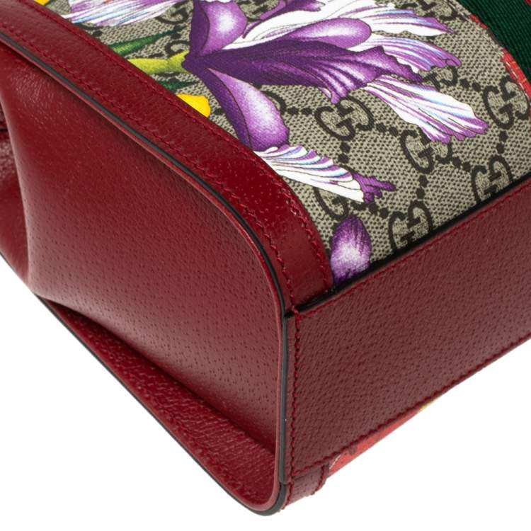 Pre Owned Gucci Red GG Supreme Canvas and Leather Small Ophidia Floral Tote Bag 
