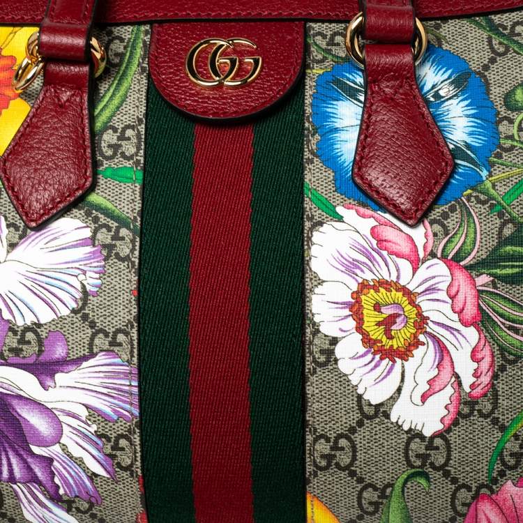 Pre Owned Gucci Red GG Supreme Canvas and Leather Small Ophidia Floral Tote Bag 