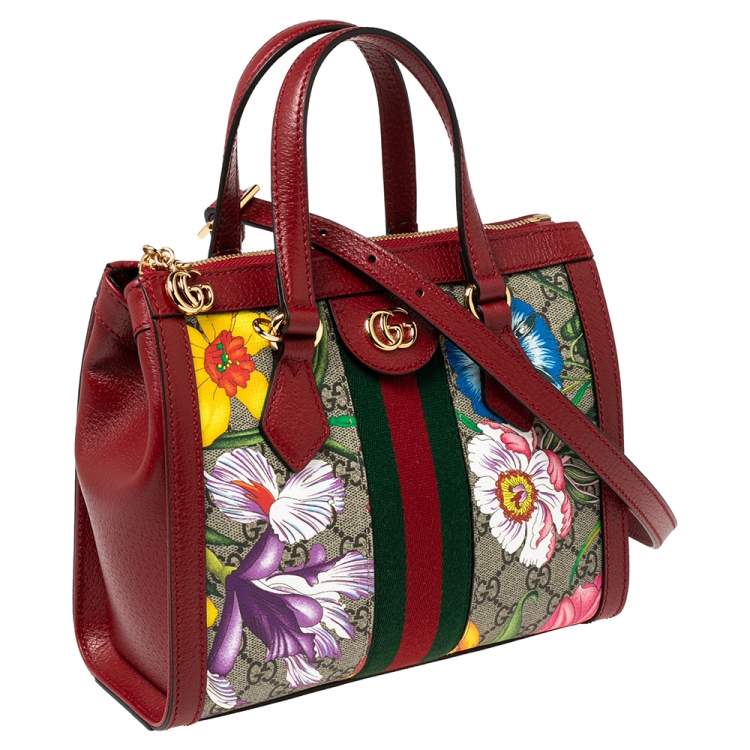 Pre Owned Gucci Red GG Supreme Canvas and Leather Small Ophidia Floral Tote Bag 