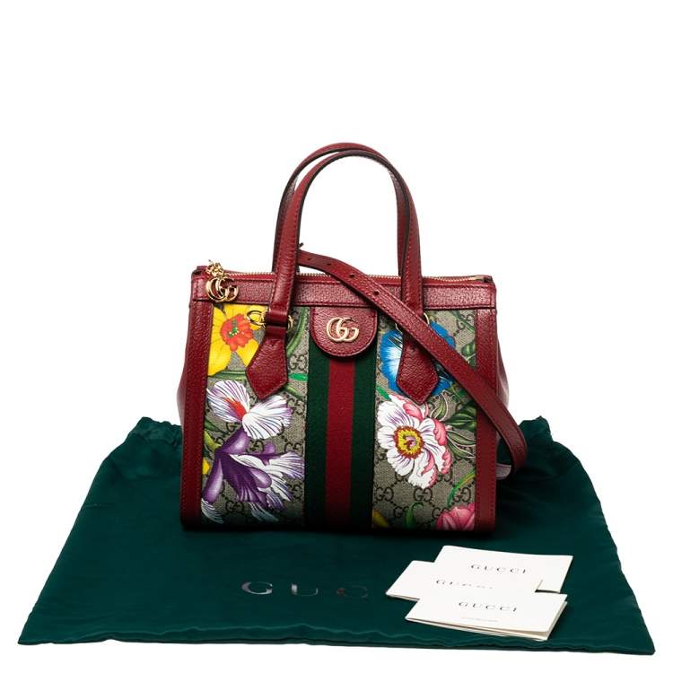 Pre Owned Gucci Red GG Supreme Canvas and Leather Small Ophidia Floral Tote Bag 