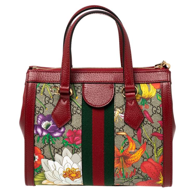 Pre Owned Gucci Red GG Supreme Canvas and Leather Small Ophidia Floral Tote Bag 
