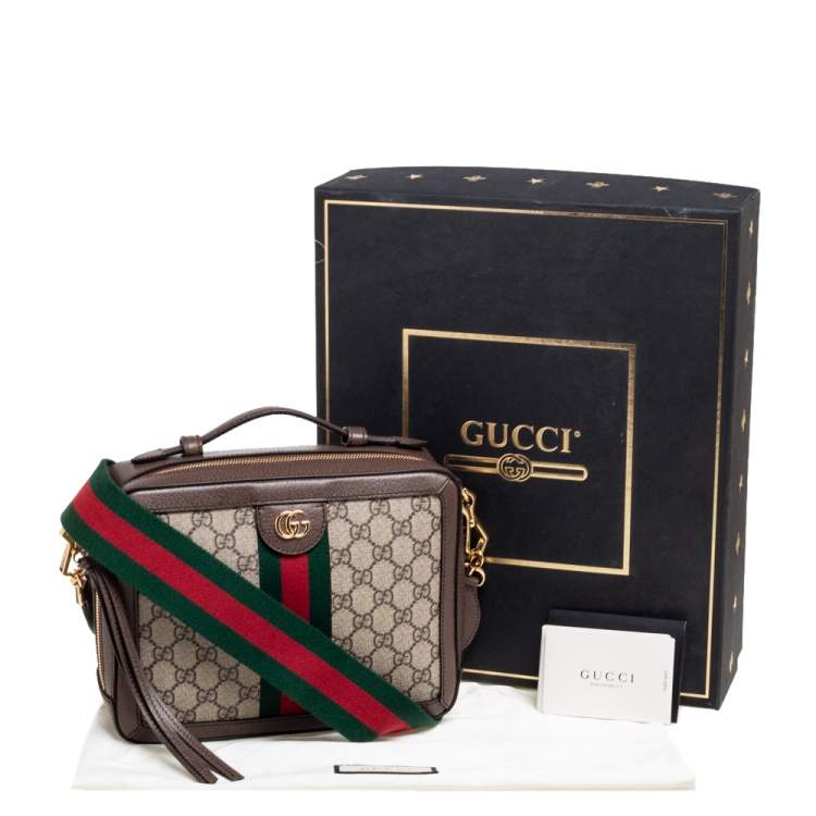 Pre Owned Gucci Brown/Beige GG Supreme Canvas and Leather Small Ophidia Square Top Handle Bag