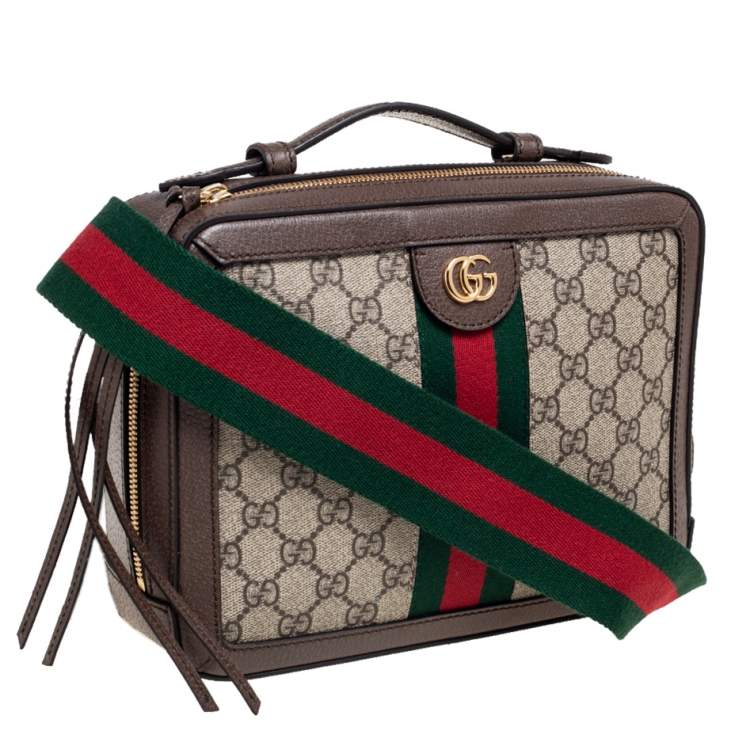 Pre Owned Gucci Brown/Beige GG Supreme Canvas and Leather Small Ophidia Square Top Handle Bag