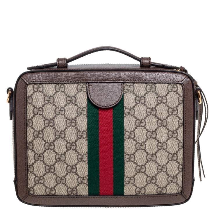 Pre Owned Gucci Brown/Beige GG Supreme Canvas and Leather Small Ophidia Square Top Handle Bag