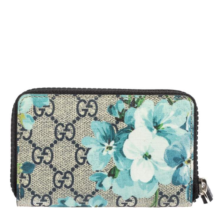 Pre Owned Gucci Blue GG Supreme Canvas Blooms Zip Around Card Case