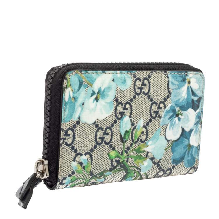 Pre Owned Gucci Blue GG Supreme Canvas Blooms Zip Around Card Case