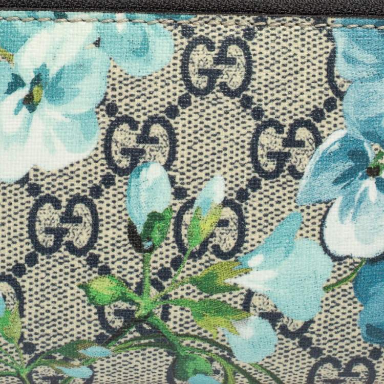 Pre Owned Gucci Blue GG Supreme Canvas Blooms Zip Around Card Case