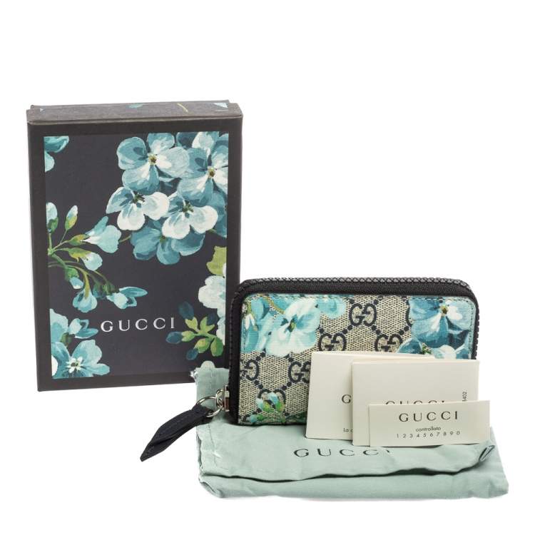 Pre Owned Gucci Blue GG Supreme Canvas Blooms Zip Around Card Case